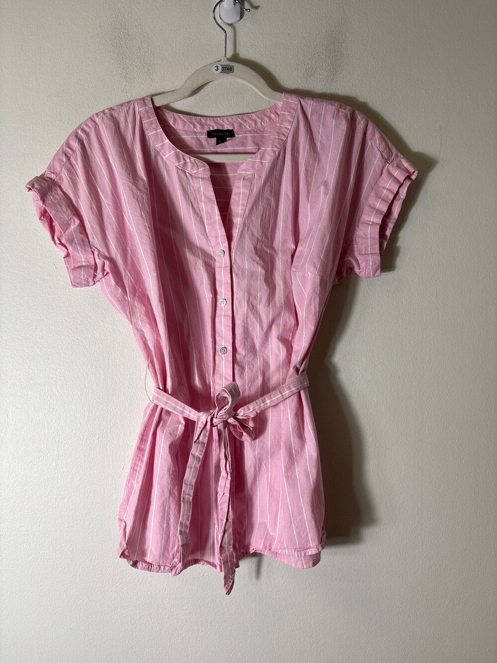 Talbots Pink Stripe Cap Sleeve Cotton Button Up Shirt Sz S